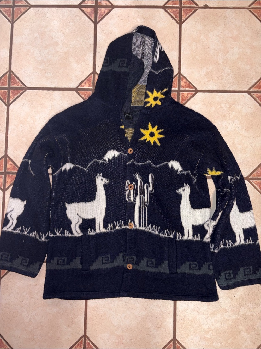 Men's Navy Hooded Alpaca-Print Button Jacket